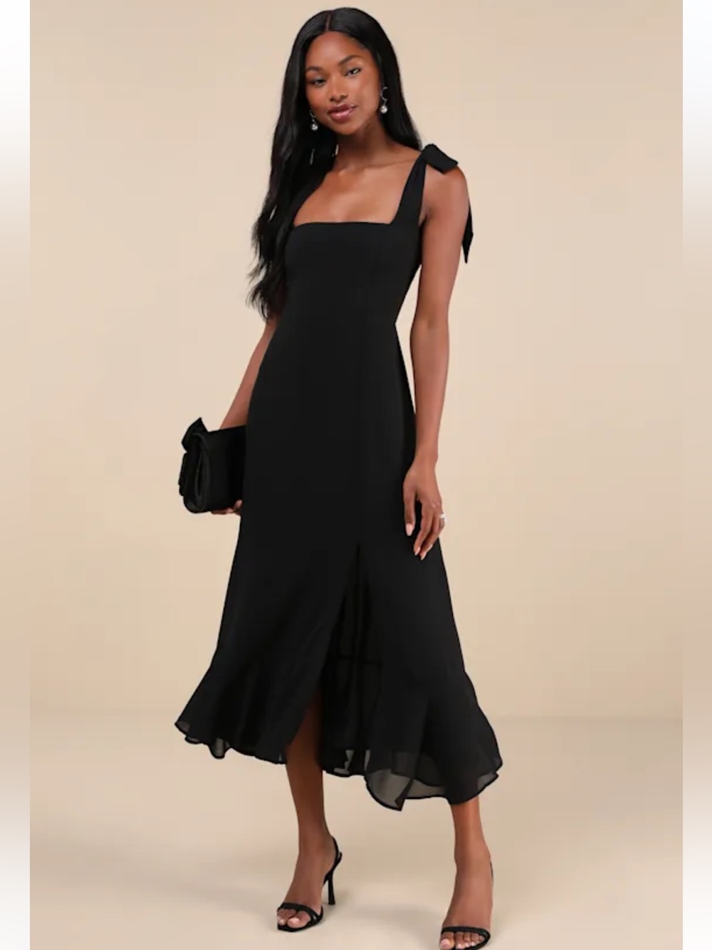 Lulus Summer Invite Black Tie-Strap Tiered Midi Dress Size L Formal Wedding NWT